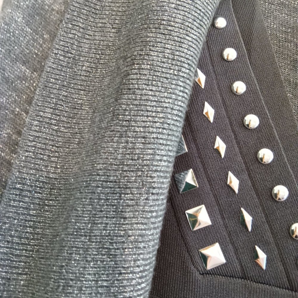 Cache Grey V-Neck Strappy Knit Silver Studded Tank and Matching Cardigan - Picture 6 of 9